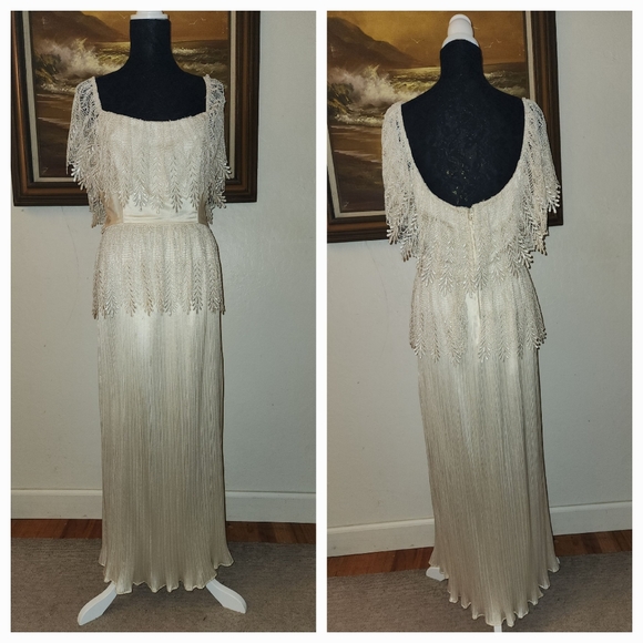 Vintage Ivory Embroidered Fringe Maxi Dress by Lee Jordan - Picture 1 of 16